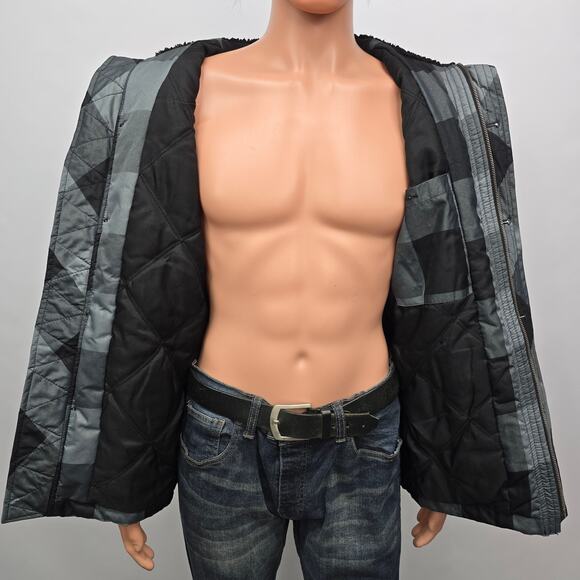 Legendary Goods Hooded Winter Coat Jacket Zip-up Button Men S/M Black Gray Check - Picture 7 of 12